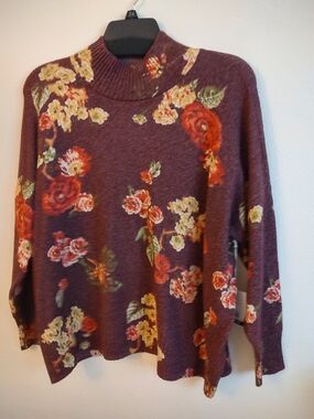 LC Lauren Conrad Plum Floral Turtleneck Sweater with Orange & Cream Blooms